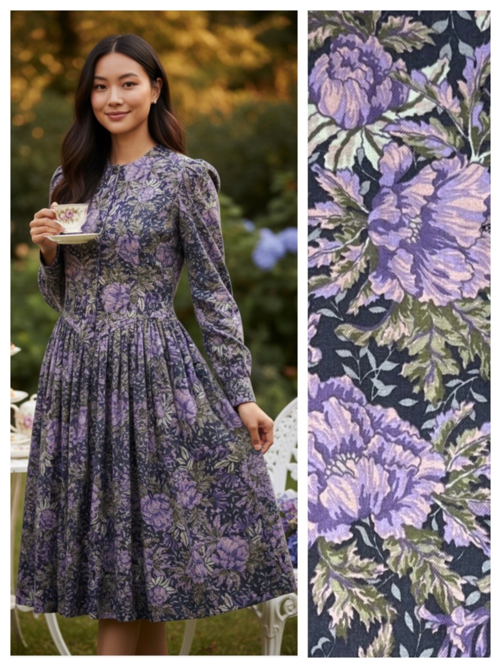Vtg 80s 90s Laura Ashley Dress 8 Medium Floral Purple Black Cottage Wool Prairie